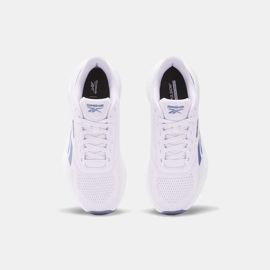 A top view of Reebok Women's Energen Run 4 Running Shoes with purple accents, shown on a light gray background. These shoes feature a lightweight, breathable mesh toe and lace-up closures.