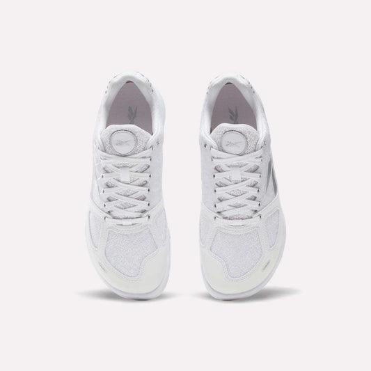 A pair of white Reebok Women's Nano 2.0 Training Shoes viewed from above on a light background, laces tied and soles down—ideal for women's functional fitness routines.