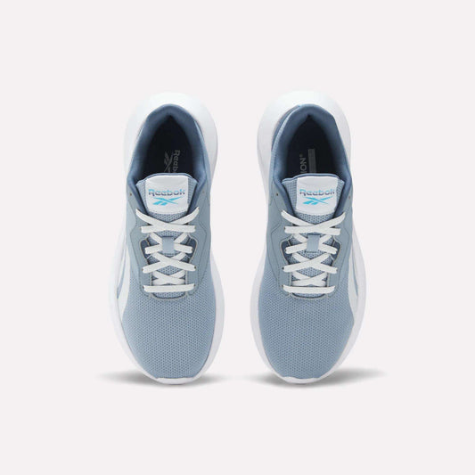 A pair of Reebok Women's Energen Lux Running Shoes in light blue and white, featuring mesh uppers, white laces, and the Reebok logo on the tongue, displayed from above against a plain white background.
