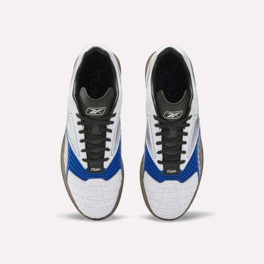 A pair of Reebok Hammer Valde Shoes seen from above, with a white leather upper, blue and black accents, black laces, brown soles, and branding on the tongue and side.