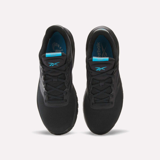 A pair of Men's ERS Training Shoes by Reebok in black, shown from above with laces, mesh texture, and blue Reebok-branded insoles—ideal for training with premium cushioning for comfort.