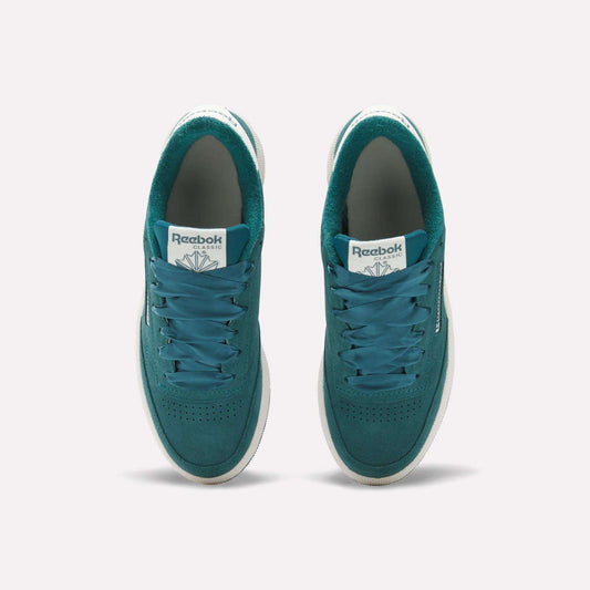 Top view of Reebok Women's Club C 85 Shoes in teal, featuring white midsoles, teal laces, and perforated toe boxes, set side by side on a plain light background.