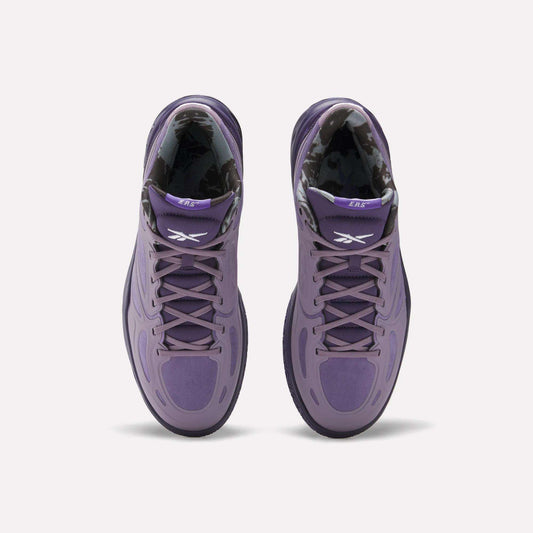 Top view of Reebok Engine A Basketball Shoes in purple with black and white patterned inner lining, white Reebok logos on the tongues, and advanced ERS technology, set against a plain white background.