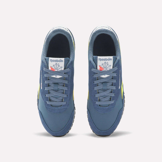 Top view of Reebok Classic AZ Shoes in blue with gray laces, white tongues featuring the Reebok logo and red star, and yellow side accents, capturing '70s retro running style, displayed on a white background.