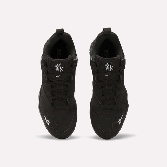 A pair of Brutus Low Shoes by Reebok in black, viewed from above with the Reebok logo on the tongue and sides—ideal for adding street-ready style to any outfit.