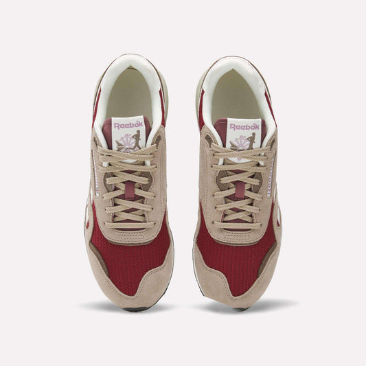 A top view of Reebok Classic Nylon 89 Shoes, showing red mesh with beige suede overlays, beige laces, a cushioned midsole, and the Reebok logo with a flower graphic on the tongue.