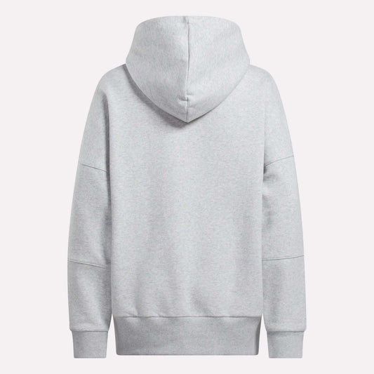 The Women's Lux Hoodie by Reebok is a cozy, plain light gray hoodie for women, shown from the back with a large hood and long sleeves against a white background.