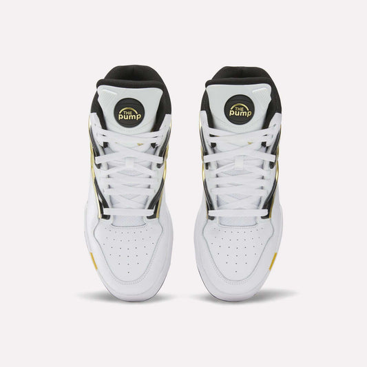 A pair of Reebok Pump Omni Zone II Shoes in white leather with black and yellow accents, shown from above. Featuring circular tongue labels, white laces, and perforated toe boxes for a classic retro basketball look.