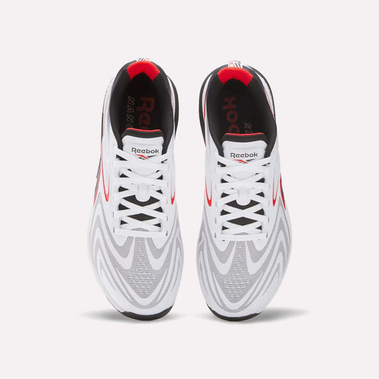 The Reebok Nano X5 Edge Training Shoes are white with red and gray accents, shown from above. They feature Flexweave uppers, white laces, and black soles—combining style and durability for every workout.