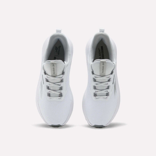 Top view of Reebok Men's Cityride 2 Running Shoes in white with light grey accents, mesh uppers, FuelFoam cushioning, and white laces, shown side by side on a plain light background.