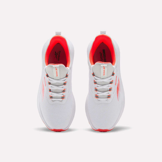 A top view of the Reebok Women's Cityride 2 Running Shoes in white with red accents, mesh uppers, white laces, logo on tongue and side, and FuelFoam cushioning for extra comfort.