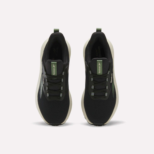 A top view of Reebok Men's Cityride 2 Running Shoes in black with white soles, green accents, and FuelFoam cushioning, highlighting the laces and Reebok logo on the tongue.