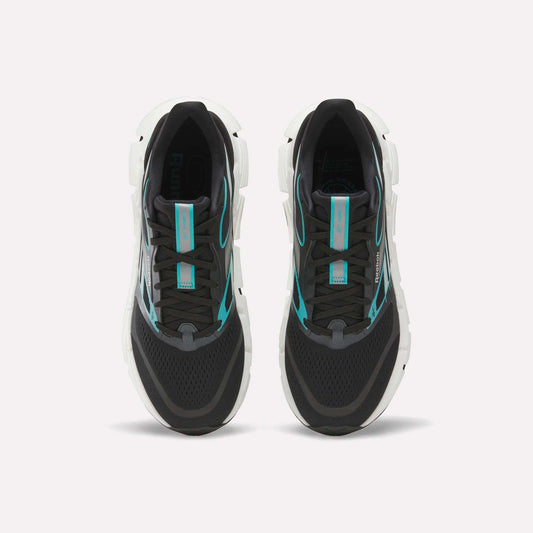 A pair of Men's FloatZig 2 Running Shoes by Reebok, black with white soles and turquoise accents, featuring Superfloat+ cushioning, shown side by side from above on a plain white background.
