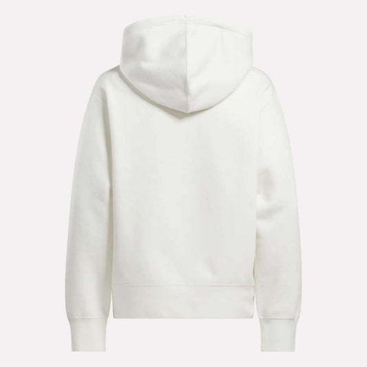 The Reebok Women's Small Vector Full Zip Sweatshirt is shown from the back, featuring long sleeves, a hood, and no visible logos or designs—ideal for an athletic, clean, and versatile look.