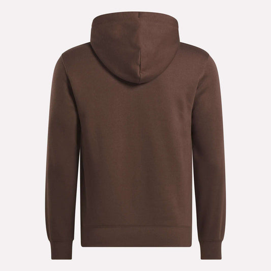 The Men's Finisher Hoodie by Reebok is shown from the back, featuring long sleeves, a hood, and ribbed cuffs and hem for comfort.