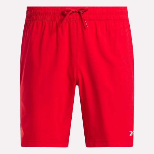 Reebok Men's Woven Shorts in bright red feature an elastic waistband, adjustable drawstring, sweat-wicking fabric, and a small white logo on the lower left leg. Perfect for workouts. Displayed against a plain white background.