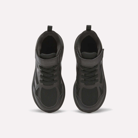 Top view of Reebok Rush Runner 6.0 Elastic Lace Top Strap Running Shoes for little kids, featuring mesh and synthetic materials, elastic laces, and a top strap—ideal for all-day play, shown on a plain light background.