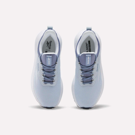 Top view of Reebok Women's Cityride 2 Running Shoes in light blue with white soles, grayish blue laces, and mesh uppers. The Reebok logo appears on the tongue and insoles. Features FuelFoam cushioning for all-day comfort.