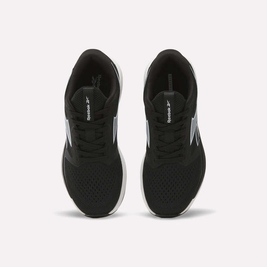 A pair of Women's NFX Trainer 2 Training Shoes by Reebok in black, featuring mesh uppers, laces, white soles, and white Reebok logos on the sides as viewed from above.
