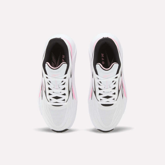 A top view of Reebok Women's Nano Gym 2.0 Training Shoes in white with pink and black accents, shown side by side on a light background, highlighting their laces and stylish design.