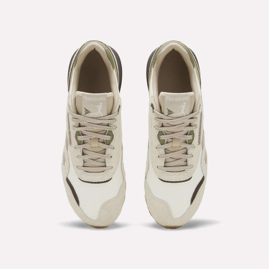 Top view of Reebok Men's Classic Nylon 89 Shoes with a beige and white suede upper, light brown and olive green accents, shown side by side on a plain white background.
