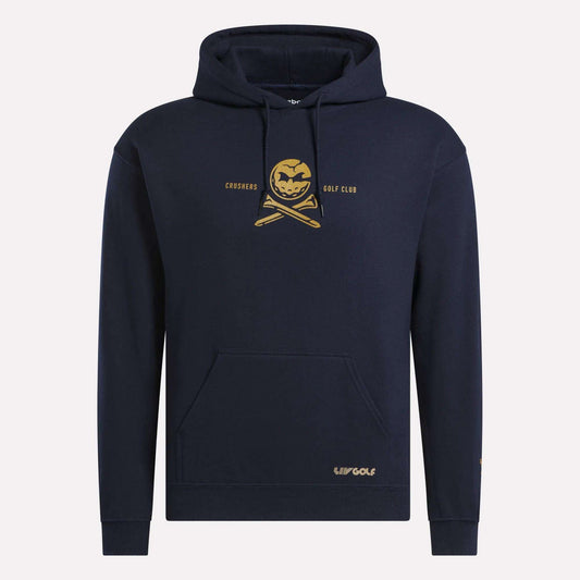 Show your team spirit in the Men's Crushers Hoodie by Reebok—a navy hoodie with a gold skull-and-crossbones golf logo and Crushers Golf Club text on the chest, plus a small LIV Golf logo near the hem. Inspired by Bryson DeChambeau.