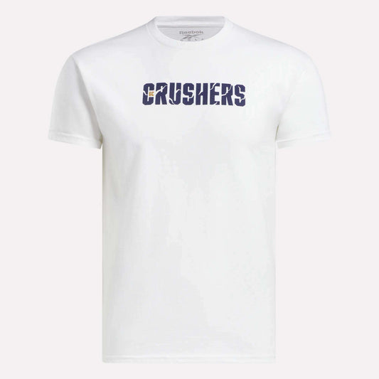 The Reebok Men's Crushers Wordmark Tee features bold navy "CRUSHERS" lettering across the chest, short sleeves, and a classic crew neck—perfect for fans of Bryson DeChambeau and his team.