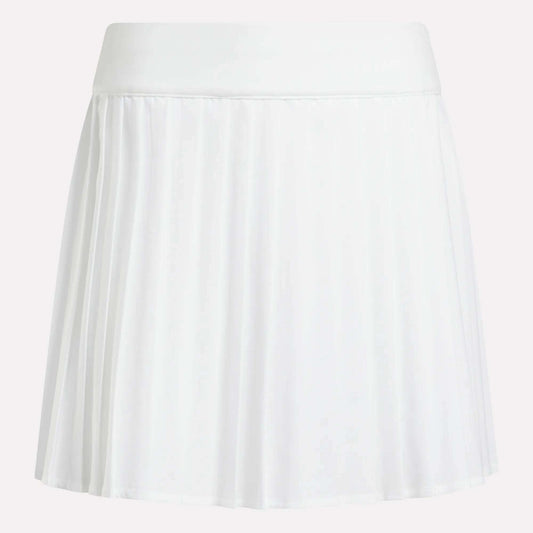The Reebok Women's Pleated Skort is a white mini skort with a wide waistband, made from UPF-rated RBK-DRY fabric, shown against a plain background.