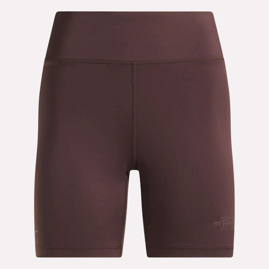 Women's Reebok x F45 Training High-Rise Biker Shorts in Dark Cocoa feature a smooth finish, visible seams, and a subtle Reebok logo on the left thigh. Perfect for your next F45 Training session, these high-waisted shorts are showcased against a plain background.