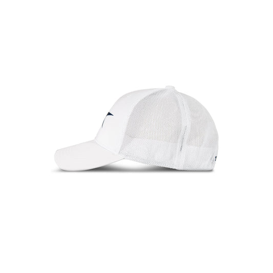 The Reebok Elite Cap is shown from the side on a plain white background, featuring a fitted design and white stretch mesh material.
