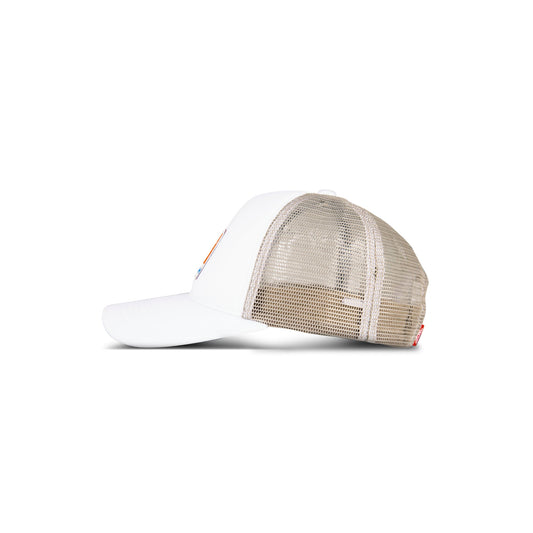 A Reebok Vintage Trucker Cap in white with a beige mesh back and snapback closure, shown from the side against a white background.
