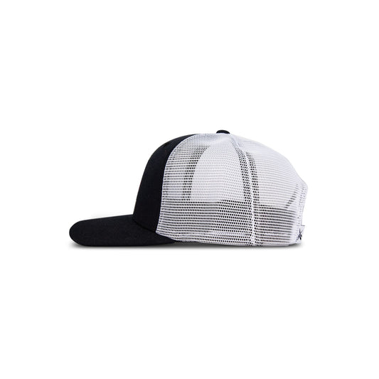 The Reebok Woven Patch Vector Trucker Cap features a black brim and front panel with a woven patch, white mesh back, and adjustable snapback.