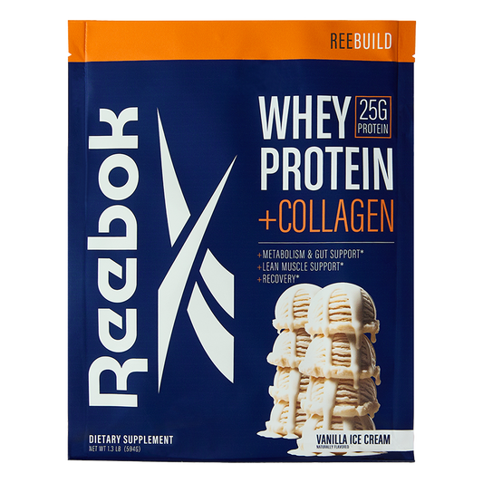 A blue and orange Reebok packet labeled “Reebok ReeBuild Whey Protein + Collagen” features 25g protein, vanilla ice cream scoops, and highlights metabolism, muscle recovery, support, and effective recovery.