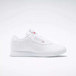 The Reebok Women's Princess Wide Shoes are classic white low-top sneakers for women, featuring subtle Reebok branding and the Union Jack logo on the side and tongue, shown against a plain light background.
