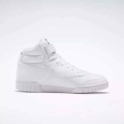 The Reebok Men's EX-O-FIT Hi Shoes are white high-top sneakers with a lace-up front, velcro strap, and subtle stitching shown in side profile against a plain light background, featuring an old-school design.