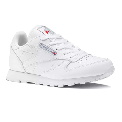 The Reebok Kids' Classic Leather Shoes - Preschool features a white leather upper, low-top design, visible stitching, lace-up front, and Reebok branding with the UK flag on the side and tongue, displayed on a plain white background.