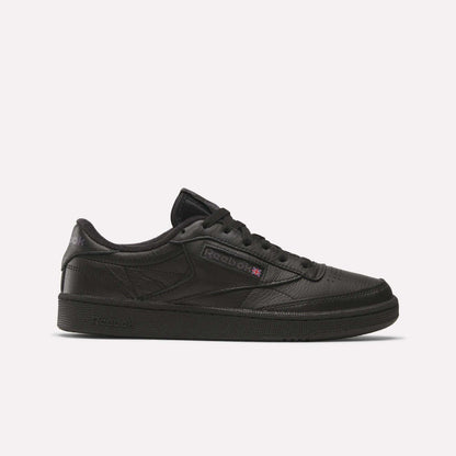 The Reebok Club C 85 Shoes feature a black leather upper, black sole, and black laces in a low-top design, shown in side profile on a plain white background.