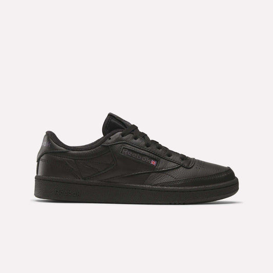 The Reebok Club C 85 Shoes feature a black leather upper, black sole, and black laces in a low-top design, shown in side profile on a plain white background.