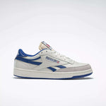 The Reebok Men's Club C Revenge Vintage Shoes are white sneakers with blue and gray accents, vintage-style leather, and the Reebok logo on the side, shown in a left profile view against a plain light background for retro flair.