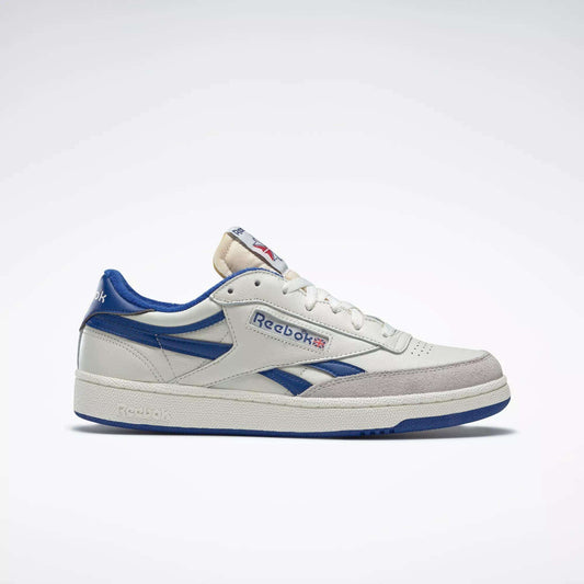 The Reebok Men's Club C Revenge Vintage Shoes are white sneakers with blue and gray accents, vintage-style leather, and the Reebok logo on the side, shown in a left profile view against a plain light background for retro flair.
