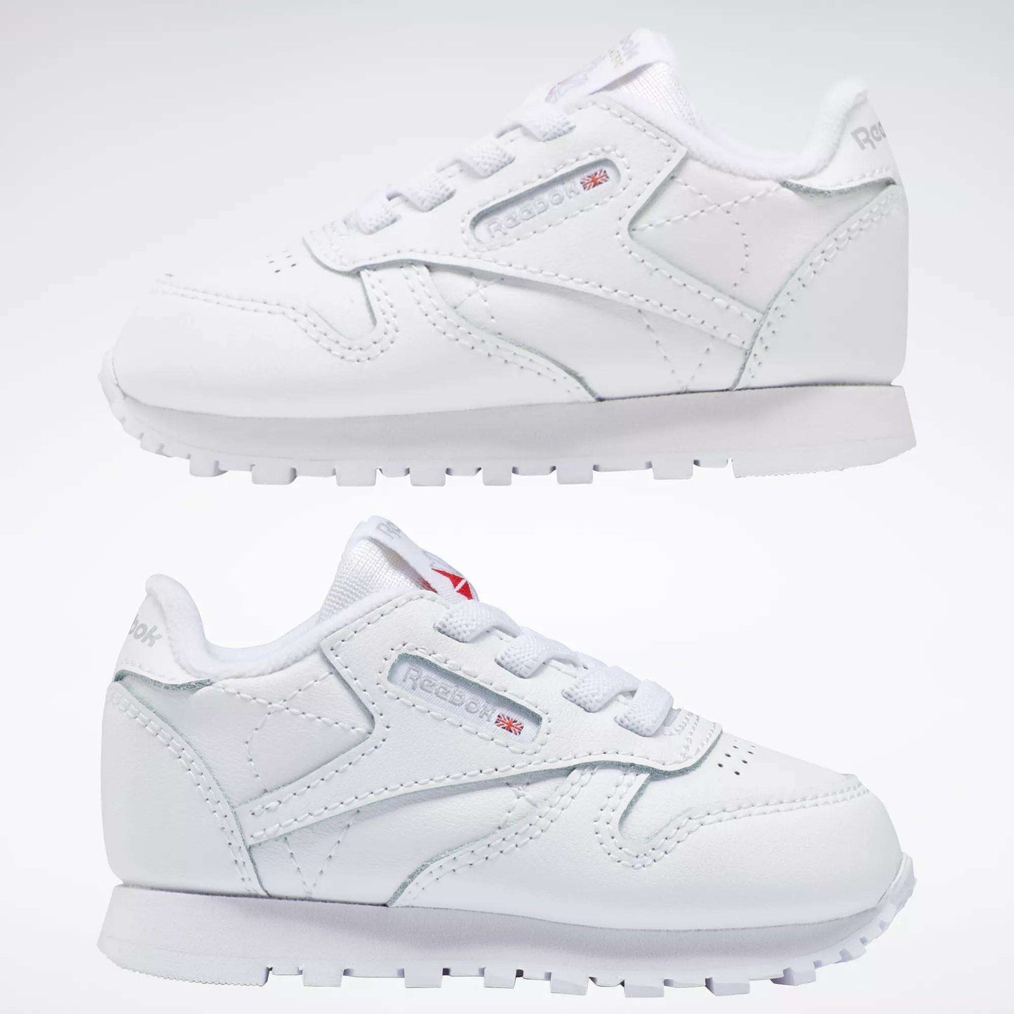 Two pairs of Reebok Kids' Classic Leather Shoes for babies and toddlers are displayed side by side against a plain background, showcasing their signature branding and detailed stitching.