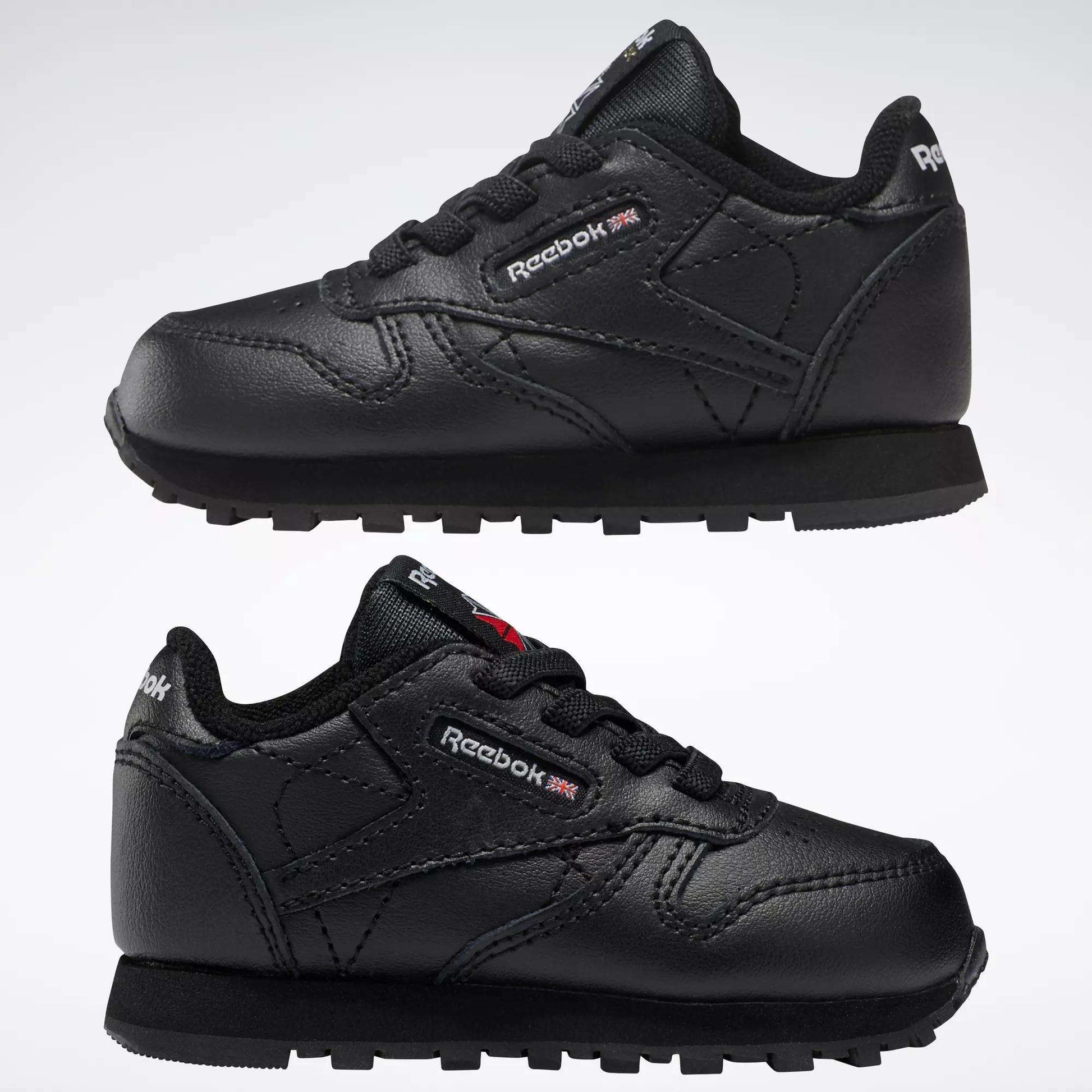Two pairs of Reebok Kids' Classic Leather Shoes for babies and toddlers are displayed side by side on a white background, showcasing their classic sneaker design and signature branding.