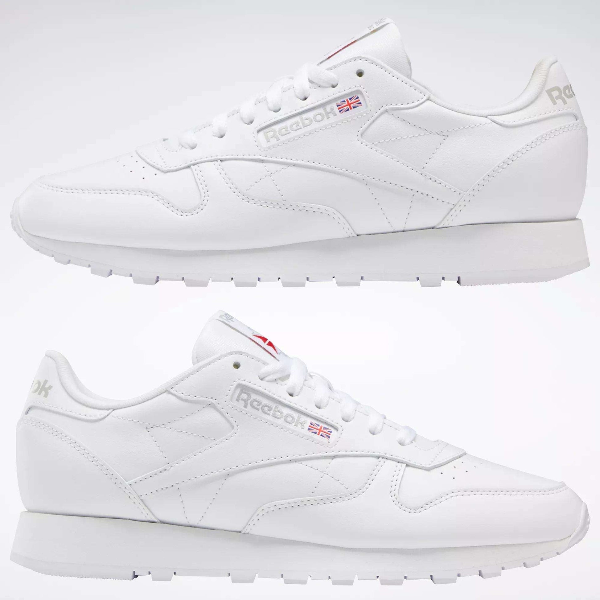 Two Reebok Classic Leather Shoes are shown side by side on a neutral background, featuring a clean, simple design with the Reebok logo—timeless retro sneakers perfect for any wardrobe.
