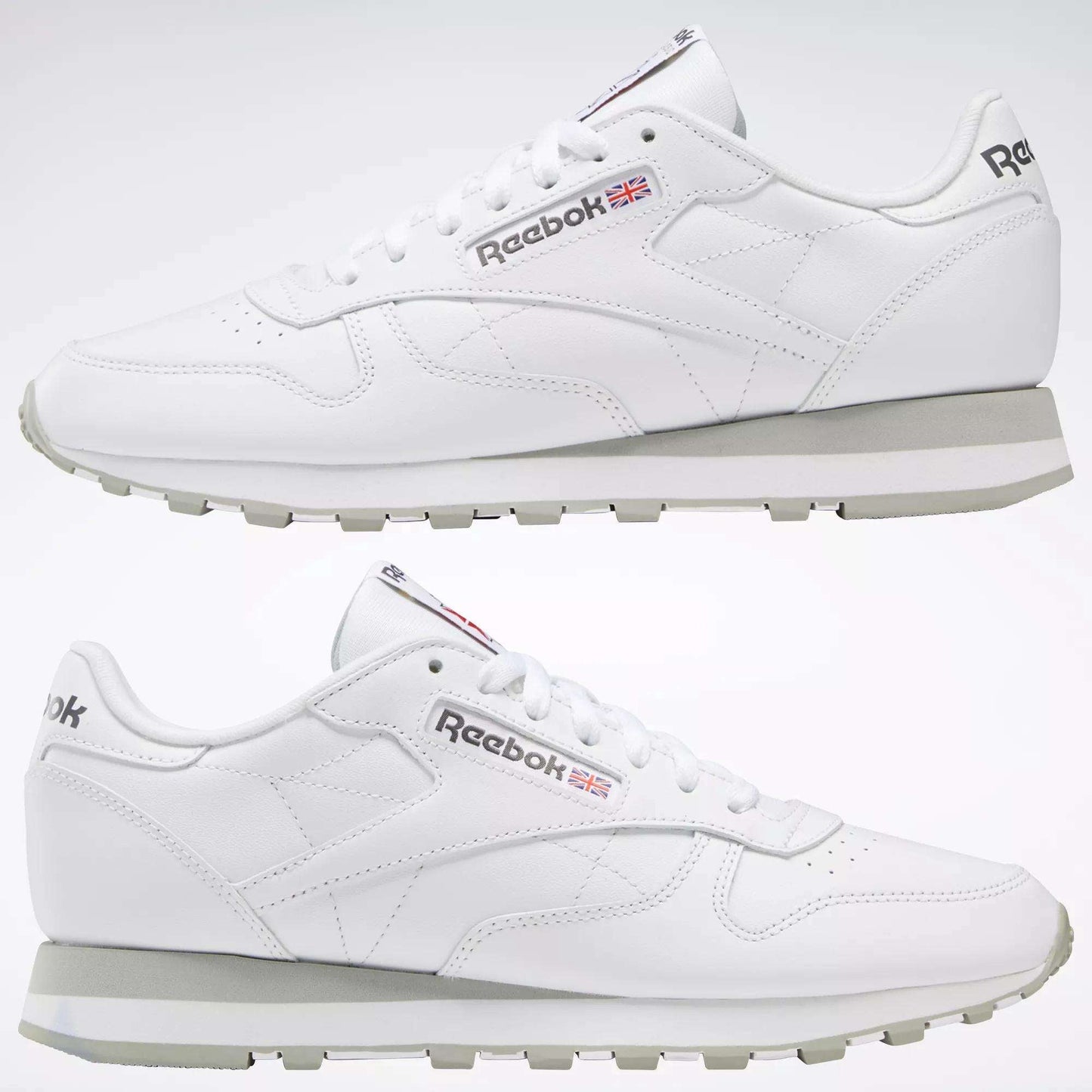 A pair of Reebok Classic Leather Shoes is displayed from left and right sides, highlighting the Reebok logo, Union Jack detail, durable leather uppers, white laces, and light gray soles for a timeless retro look.