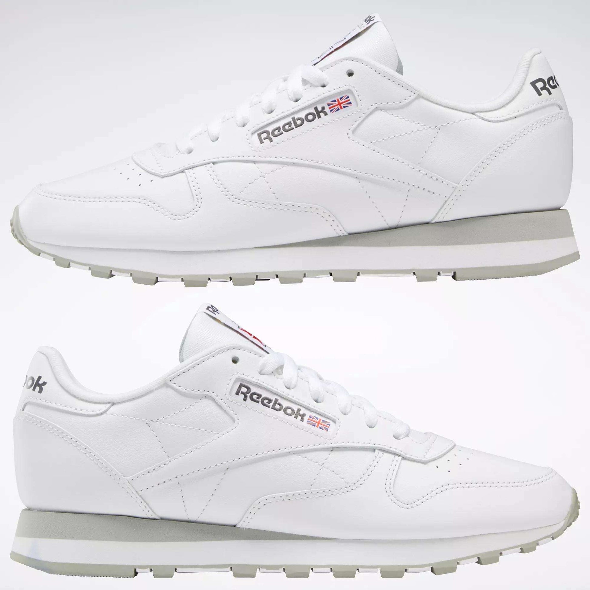 A pair of Reebok Classic Leather Shoes is displayed from left and right sides, highlighting the Reebok logo, Union Jack detail, durable leather uppers, white laces, and light gray soles for a timeless retro look.