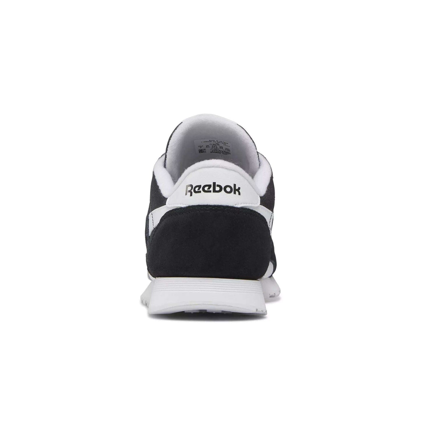 Rear view of the Women's Classic Nylon Shoes by Reebok, featuring a black and white suede design with the classic Reebok logo on the heel, shown against a plain white background.