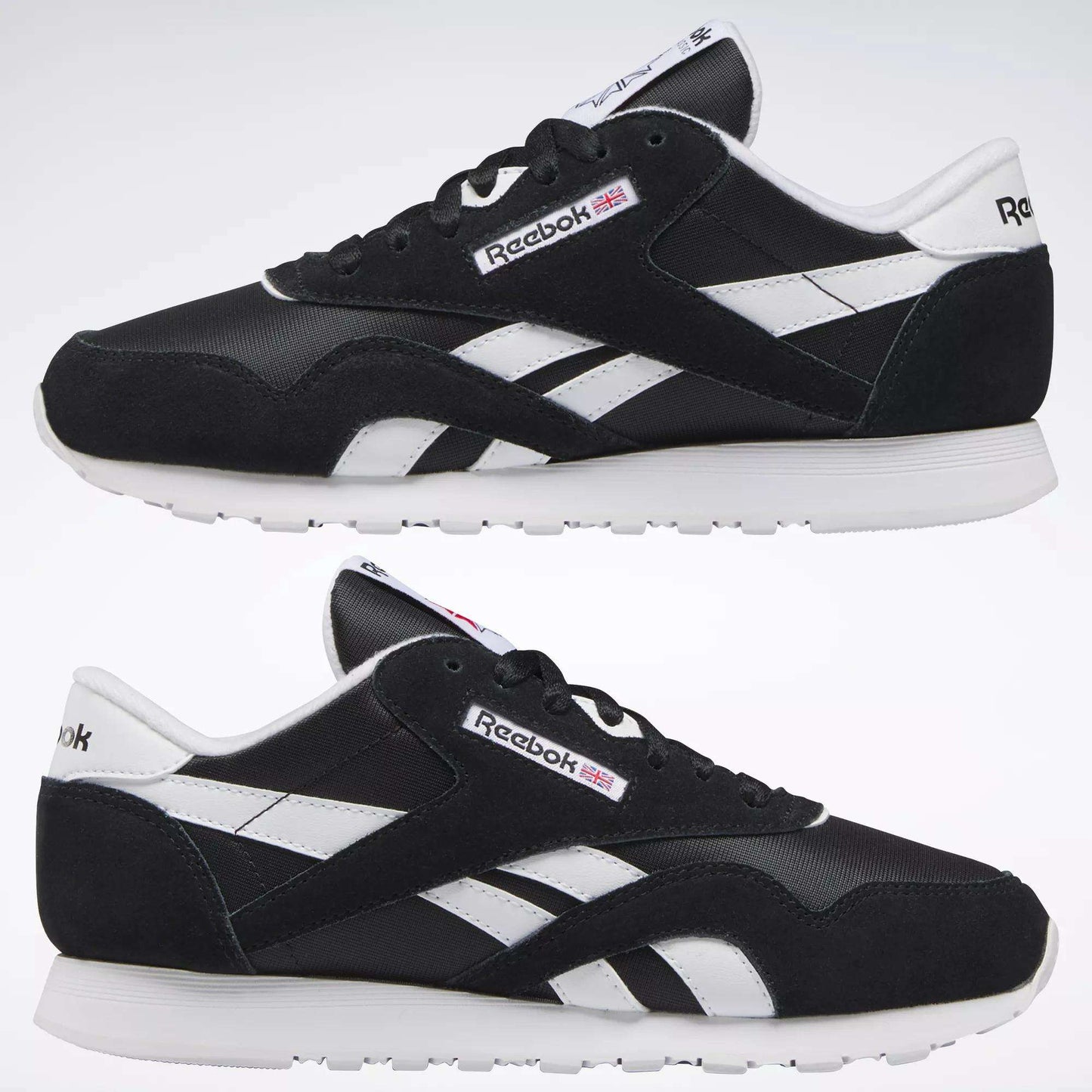 Reebok Women's Classic Nylon Shoes in black feature white soles, side stripes, and logo details on the tongue and heel—versatile sneakers shown from the side against a plain background, ideal for everyday casual outfits.