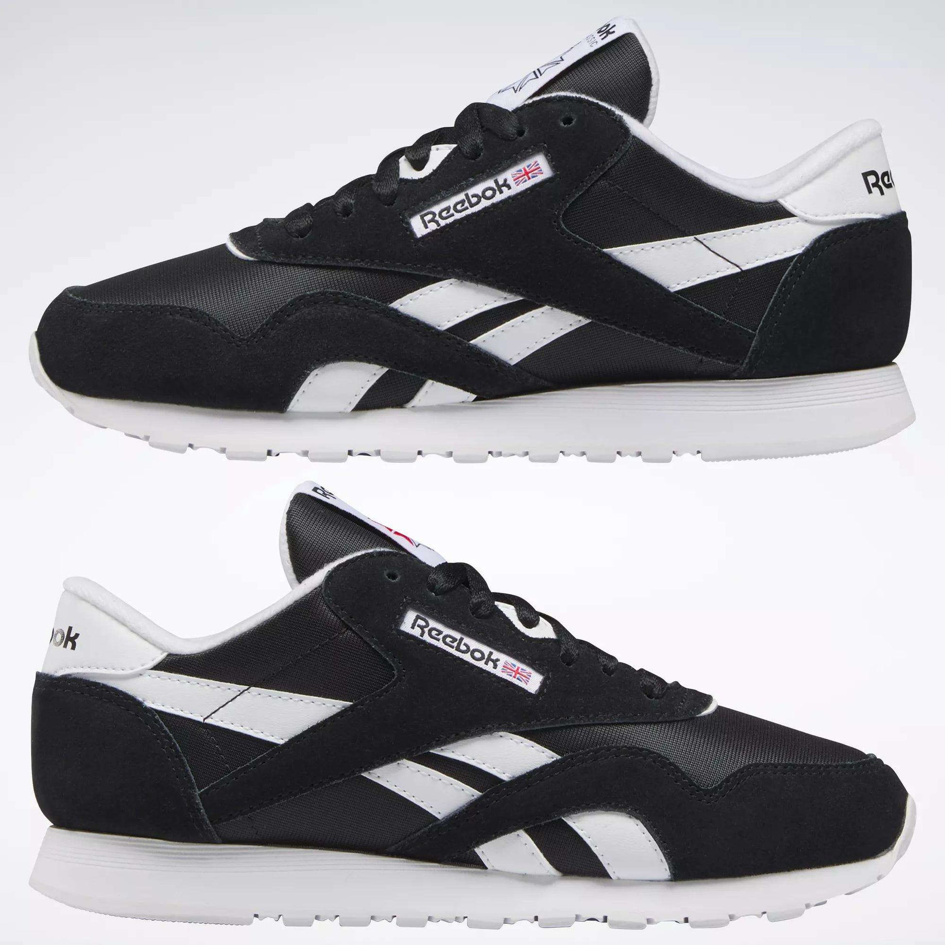 Reebok Women's Classic Nylon Shoes in black feature white soles, side stripes, and logo details on the tongue and heel—versatile sneakers shown from the side against a plain background, ideal for everyday casual outfits.