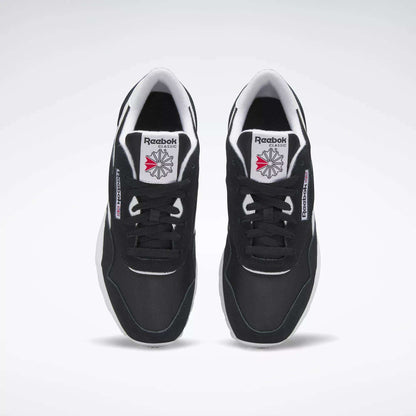 A pair of Men's Classic Nylon Shoes by Reebok in black with white soles and the Reebok logo on the tongue, viewed from above on a plain white background—perfect classic sneakers for everyday wear.