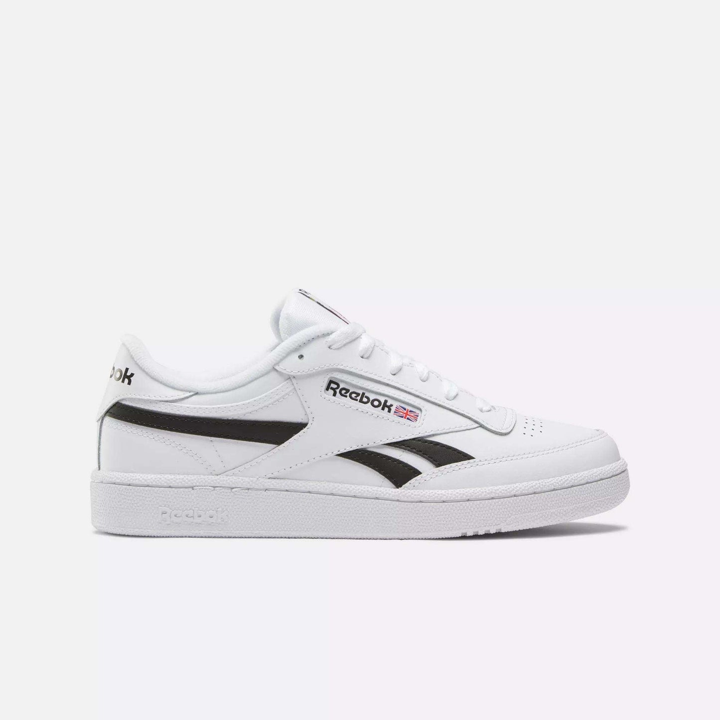 Reebok Club C Revenge Shoes in Ftwr White/Black/Ftwr White feature a black side stripe, white sole, and the Reebok logo with Union Jack—classic casual leather sneakers shown on a plain white background.